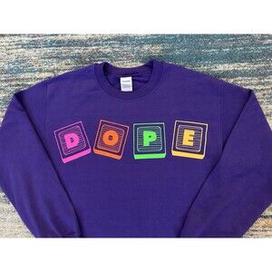 Gildan VTG Crewneck Graphic Sweatshirt Adult Small Purple Neon Lettering DOPE
